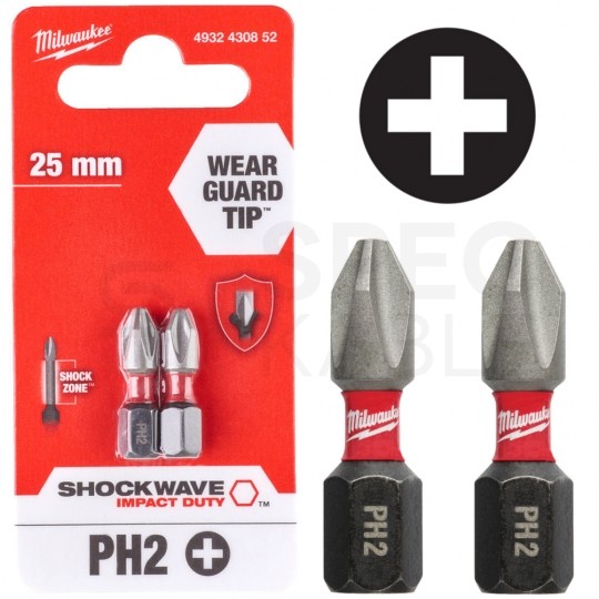 Bity udarowe do wkrętarki PH2 25mm 1/4" HEX Shockwave MILWAUKEE 2szt