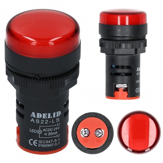 Lampka kontrolna sterownicza LED Czerwona 24V fi:22mm ADELID