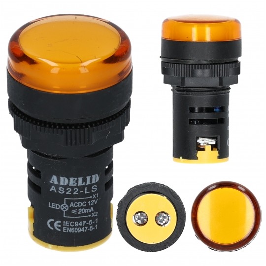 Lampka kontrolna sterownicza LED Żółta 12V fi:22mm ADELID