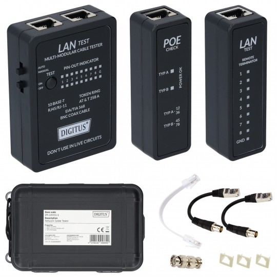OUTLET Tester kabli sieciowych LAN RJ45 PoE + BNC z diodami LED DIGITUS