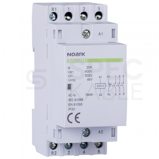 Stycznik modułowy instalacyjny cewka 25A 230V AC 4xNO na szynę TH35 DIN 4-biegunowy 2-modułowy NOARK