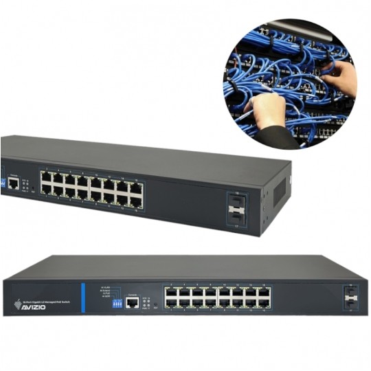Switch 19" RACK 16x port RJ45 (Gigabit Ethernet 1000Mb/s) + 2x port SFP Uplink 1Gb/s + 1 port konsolowy RJ45, przełącznik zarządzalny L2 AVIZIO