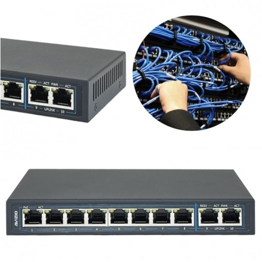 Switch PoE Desktop 10x port RJ45 (8x PoE+ Fast Ethernet 100Mb/s i 2x Uplink Gigabit Ethernet ) przełącznik niezarządzalny AVIZIO