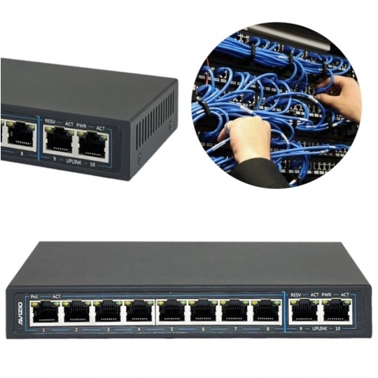 Switch PoE Desktop 10x port RJ45 (Gigabit Ethernet 1000Mb/s, w tym 8x PoE+ i 2x Uplink) przełącznik niezarządzalny AVIZIO