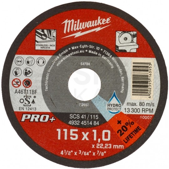 Tarcza tnąca do cięcia metalu 115x1mm PRO+ MILWAUKEE do metalu, stali nierdzewnej INOX itp.