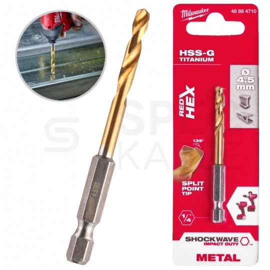 Wiertło do metalu HSS-G TIN 4,5x76mm RED HEX z uchwytem 1/4" Shockwave MILWAUKEE