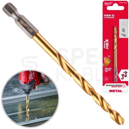 Wiertło do metalu HSS-G TIN 5,5x104mm RED HEX z uchwytem 1/4" Shockwave MILWAUKEE