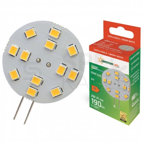 Żarówka do lampki LED G4 12V 2W 190lm 3000K 30mm barwa WW biała ciepła SPECTRUM LED