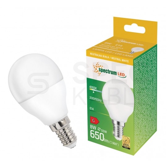 Żarówka LED E14 230V 8W 730lm 4000K kula barwa NW biała neutralna SPECTRUM LED