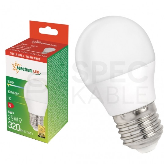 Żarówka LED E27 230V 4W 320lm 3000K kula barwa WW biała ciepła SPECTRUM LED