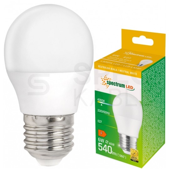 Żarówka LED E27 230V 6W 540lm 4000K kulka barwa NW biała neutralna SPECTRUM LED