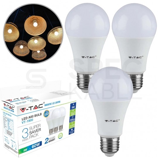 Żarówka LED E27 230V 9W 806lm 4000K IP20 barwa NW biała neutralna V-TAC VT-1900 3 sztuki