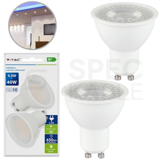 Żarówka LED GU10 230V 6,5W 450lm 6400K IP20 barwa CW biała zimna V-TAC VT-2108D 2 sztuki