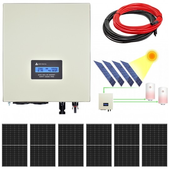Zestaw solarny 2580W do grzania wody w bojlerach: Przetwornica ECO Solar Boost MPPT-3000 PRO 3.5kW + 6x Panel solarny monokrystaliczny 430W + 2x25mb kabel solarny + złącza MC4