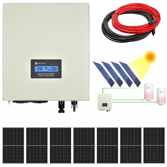 Zestaw solarny 3010W do grzania wody w bojlerach: Przetwornica ECO Solar Boost MPPT-3000 PRO 3.5kW + 7x Panel solarny monokrystaliczny 430W + 2x25mb kabel solarny + złącza MC4