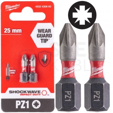 Bity udarowe do wkrętarki PZ1 25mm 1/4" HEX Shockwave MILWAUKEE 2szt