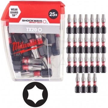 Bity udarowe do wkrętarki TORX TX20 25mm 1/4" HEX Shockwave MILWAUKEE 25szt