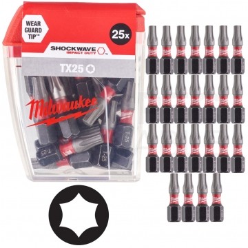 Bity udarowe do wkrętarki TORX TX25 25mm 1/4" HEX Shockwave MILWAUKEE 25szt