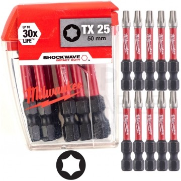 Bity udarowe do wkrętarki TORX TX25 50mm 1/4" HEX Shockwave MILWAUKEE 10szt