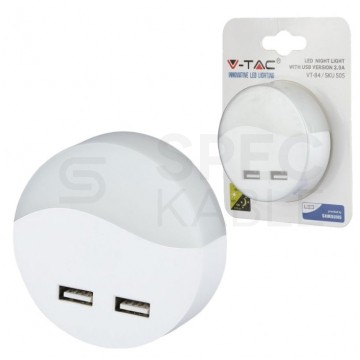 Lampka nocna do gniazdka z 2x USB 10lm 3000k, chip SAMSUNG IP20 barwa WW biała ciepła V-TAC VT-84-RD 5 LAT GWARANCJI