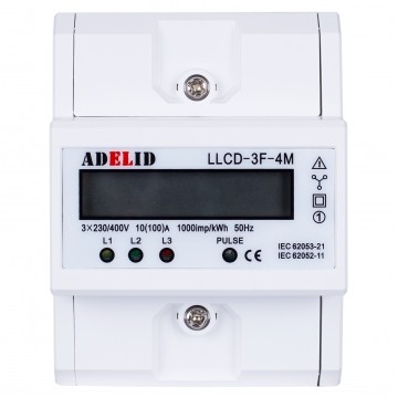 Licznik zużycia energii elektrycznej 3-fazowy 10/100A 4-modułowy z wyświetlaczem LCD ADELID
