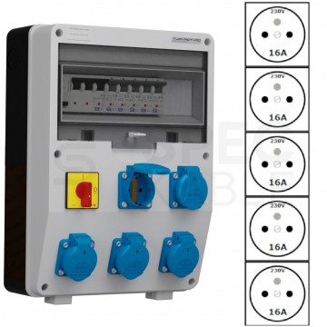 Rozdzielnica budowlana DV-S/FI hermetyczna IP44 Wyposażona z rozłącznikiem + 5x230V/[2P+Z] Schuko DOKTORVOLT DV-1974-D