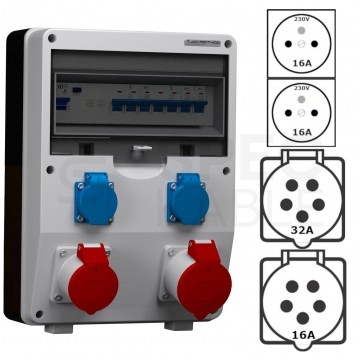 Rozdzielnica budowlana ECO-S/FI hermetyczna IP44 Wyposażona + 32A/[5P] + 16A/[5P] + 2x230V/[2P+Z] Schuko DOKTORVOLT DV-2633-D