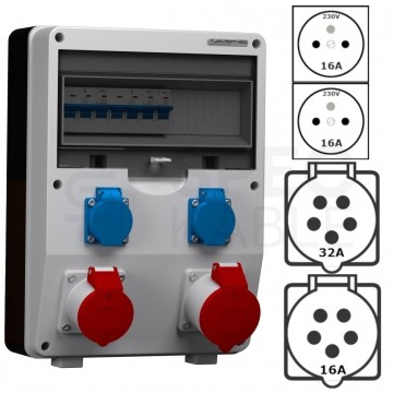 Rozdzielnica budowlana ECO-S hermetyczna IP44 Wyposażona + 32A/[5P] + 16A/[5P] + 2x230V/[2P+Z] Schuko DOKTORVOLT DV-2619-D