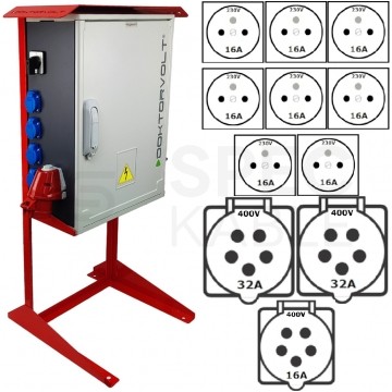 Rozdzielnica budowlana OS-S/FI SET hermetyczna IP44 Wyposażona na stojaku z rozłącznikiem + 2x 32A/[5P] + 16A/[5P] + 8x230V/[2P+E] DOKTORVOLT DV-7228-F