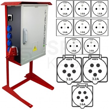 Rozdzielnica budowlana OS-S/FI SET hermetyczna IP44 Wyposażona na stojaku z rozłącznikiem + 2x 32A/[5P] + 16A/[5P] + 8x230V/[2P+E Schuko] DOKTORVOLT DV-8379-D