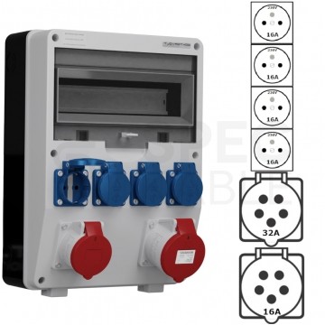 Rozdzielnica budowlana TD hermetyczna IP44 Bez zabezpieczeń + 32A/[5P] + 16A/[5P] + 4x230V/[2P+Z] Schuko DOKTORVOLT DV-6077-D