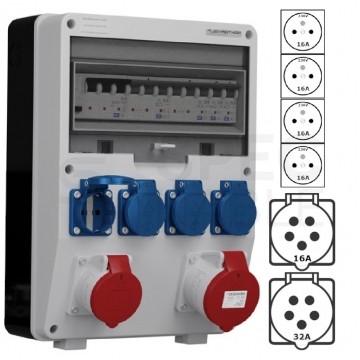 Rozdzielnica budowlana TD-S/FI hermetyczna IP44 Wyposażona + 1x 16A [5P] + 1 x 32A [5P]+ 4x230V [2P+Z] Schuko DOKTORVOLT DV-6442-D