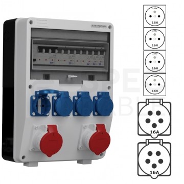 Rozdzielnica budowlana TD-S/FI hermetyczna IP44 Wyposażona + 2x 16A/[5P] + 4x230V/[2P+Z] Schuko DOKTORVOLT DV-6565-D