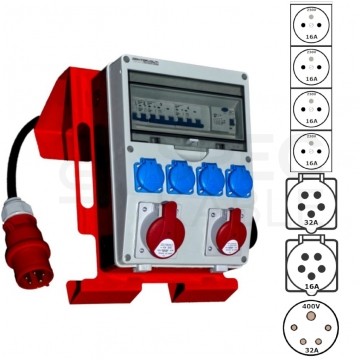 Rozdzielnica budowlana TD-S/FI SET hermetyczna IP44 Wyposażona na stojaku + 32A/[5P] + 16A/[5P] + 4x230V/[2P+Z] + wtyk 32A/[5P] DOKTORVOLT DV-6191-F