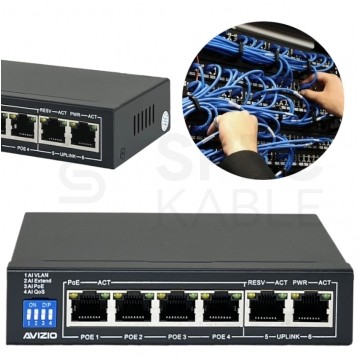 Switch PoE Desktop 6x port RJ45 (4x PoE+ Gigabit Ethernet 1000Mb/s i 2x Uplink 1Gb/s Ethernet) przełącznik niezarządzalny AVIZIO