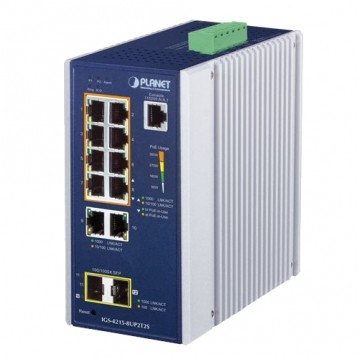 Switch PoE na szynę DIN TH35 10x port RJ45 (Gigabit Ethernet 1000Mb/s w tym 8x PoE++ i 2x UpLink) + 2x port SFP (1Gb/s) przełącznik zarządzalny L2/L4 PLANET