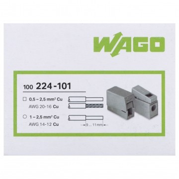 WAGO 224-101 Szybkozłączka przelotowa 2x 1,0-2,5mm2 uniwersalna (na drut / na linkę) 400V/24A ORYGINALNA 100szt.