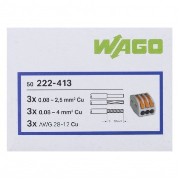 WAGO CLASSIC 222-413 Szybkozłączka 3x 0,08-4,0mm2 uniwersalna (na drut / na linkę) 400V/32A ORYGINALNA 50szt.