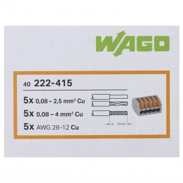 WAGO CLASSIC 222-415 Szybkozłączka 5x 0,08-4,0mm2 uniwersalna (na drut / na linkę) 400V/32A ORYGINALNA 40szt.