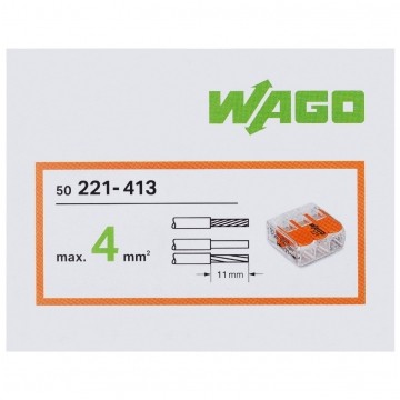 WAGO COMPACT 221-413 Szybkozłączka 3x 0,2-4,0mm2 uniwersalna (na drut / na linkę) 450V/32A ORYGINALNA 50szt.