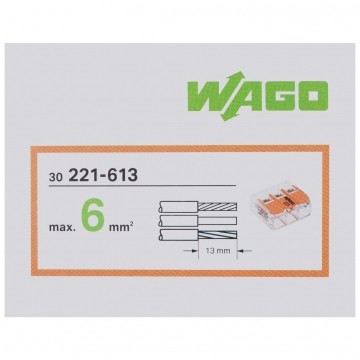 WAGO COMPACT 221-613 Szybkozłączka 3x 0,5-6,0mm2 uniwersalna (na drut / na linkę) 450V/41A ORYGINALNA 30szt.