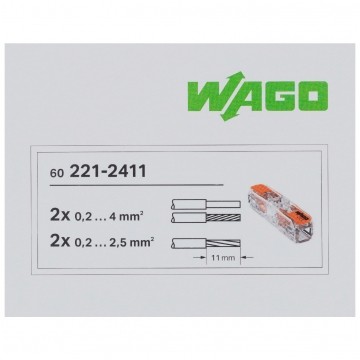 WAGO INLINE 221-2411 Szybkozłączka przelotowa 2x 0,2-4,0mm2 uniwersalna (na drut / na linkę) 450V/32A ORYGINALNA 60szt.