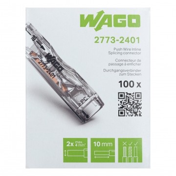 WAGO INLINE 2773-2401 Szybkozłączka przelotowa 2x 0,75-4mm2 uniwersalna (na drut / na linkę) 450V/32A ORYGINALNA 100szt.