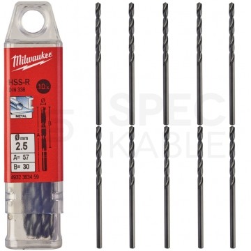 Wiertła do metalu HSS-R walcowane 2,5x57mm MILWAUKEE Zestaw 10szt