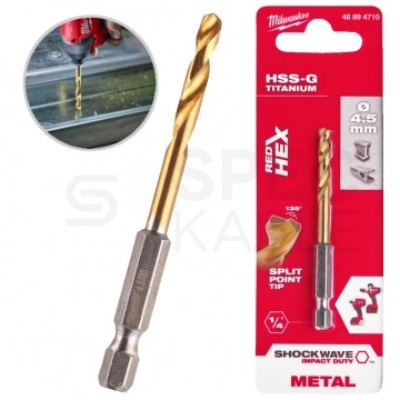 Wiertło do metalu HSS-G TIN 4,5x76mm RED HEX z uchwytem 1/4" Shockwave MILWAUKEE