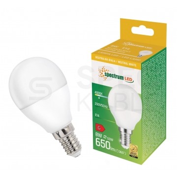 Żarówka LED E14 230V 8W 730lm 4000K kula barwa NW biała neutralna SPECTRUM LED