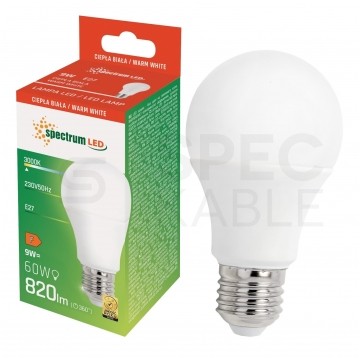 Żarówka LED E27 230V 9W 820lm 3000K kula barwa WW biała ciepła SPECTRUM LED