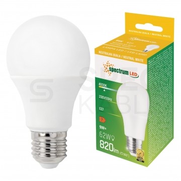 Żarówka LED E27 230V 9W 820lm 4000K kula barwa NW biała neutralna SPECTRUM LED