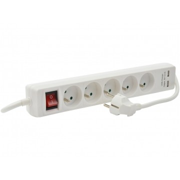 OUTLET Przedłużacz elektryczny Listwa zasilająca na 5 gniazd [2P+Z] + 2 gniazda USB (5V 2,1A) z wyłącznikiem biała 1,5m