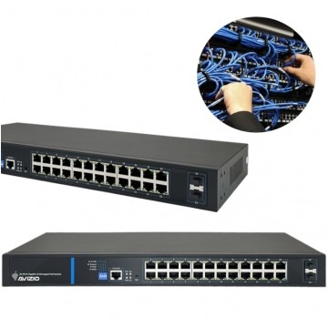 Switch 19" RACK 24x port RJ45 (Gigabit Ethernet 1000Mb/s) + 2x port SFP Uplink 1Gb/s + 1 port konsolowy RJ45, przełącznik zarządzalny L2 AVIZIO